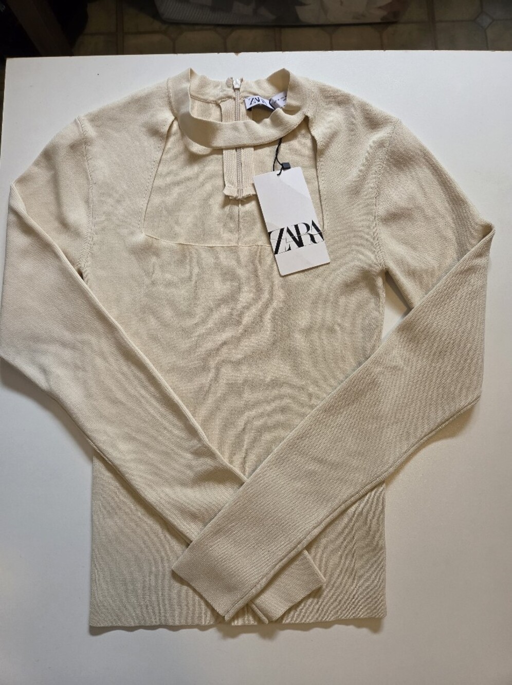ZARA Cream Ribbed Mock-Neck Long-Sleeve Sweater
